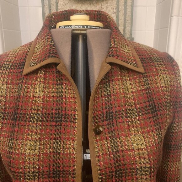 Rafael. Size 12. Plaid Metallic Lined Button Up Jacket. Faux Suede Trim. AL - Picture 4 of 9